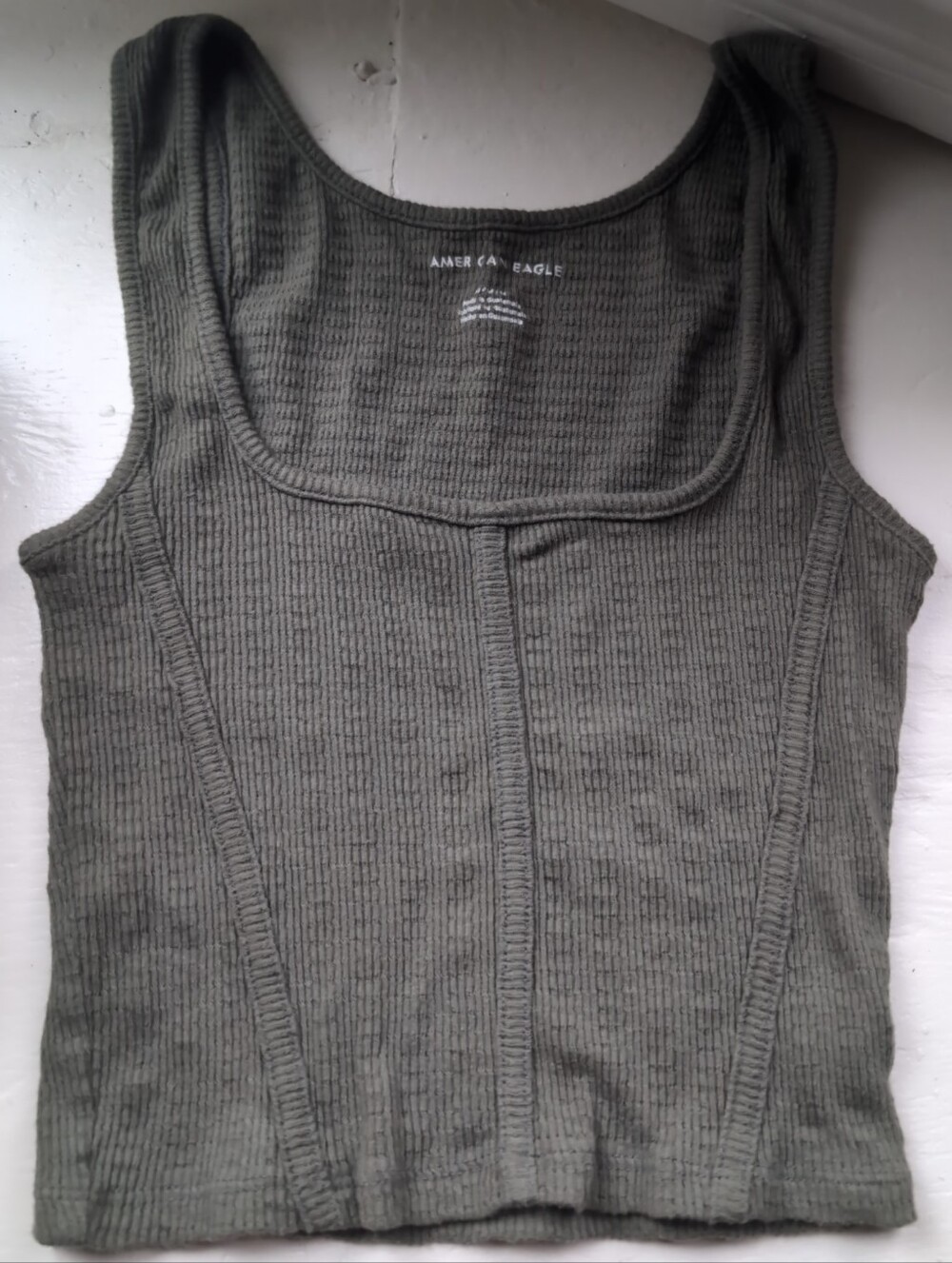 Olive green cotton corset style princess seam mock boning ribbed tank top